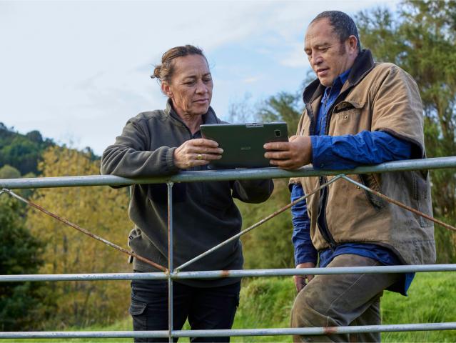 Two farmers looking at Datamars Livestock application on a farm fence